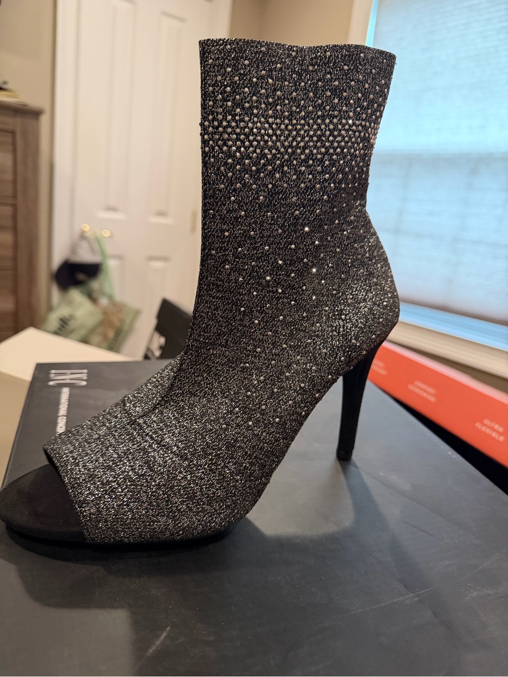 Women's Black Glitter Peep-Toe Sock Bootie with Crystal Accents